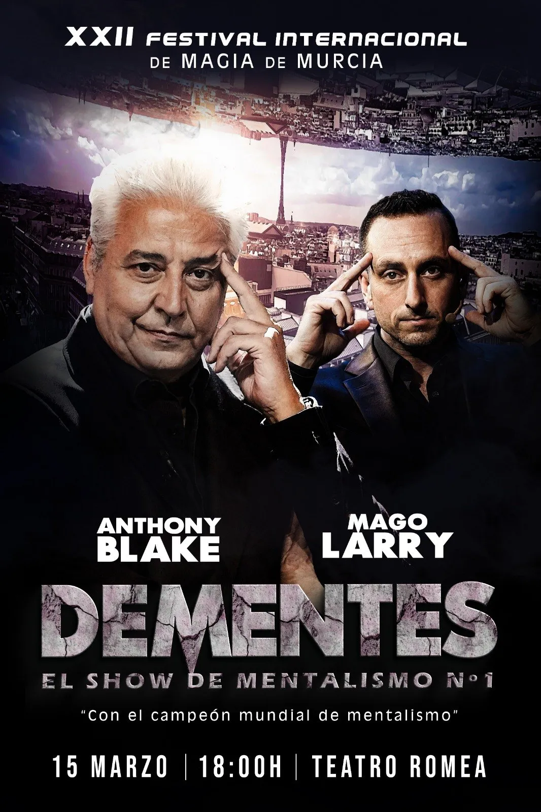 Afiche de Dementes, el show de mentalismo de Anthony Blake y Mago Larry en el Teatro Romea